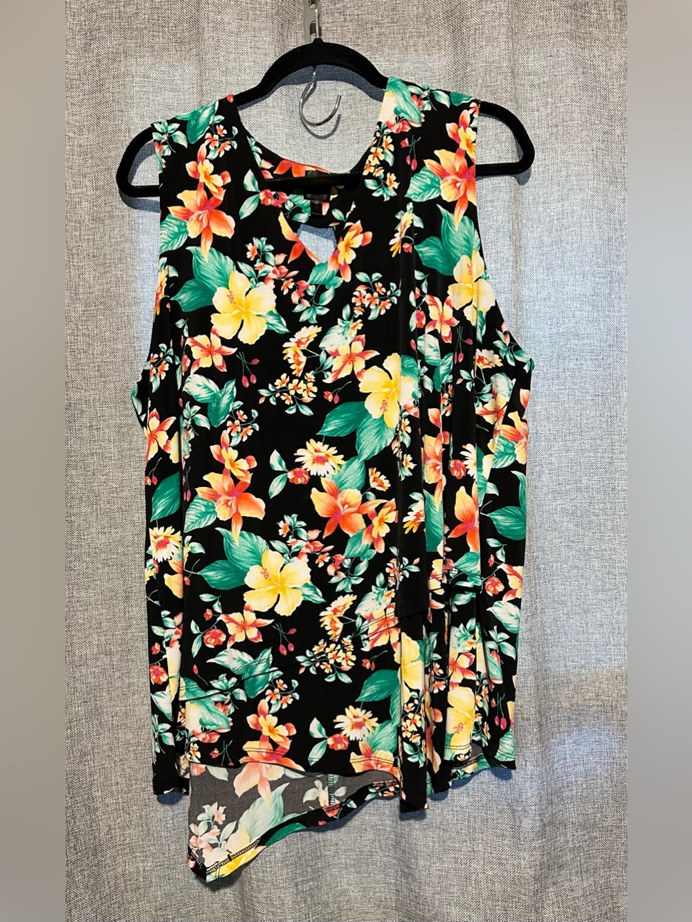 Rafaella Black Tropical Floral Tunic Tank All Over Print Yellow Orange Blooms 2X